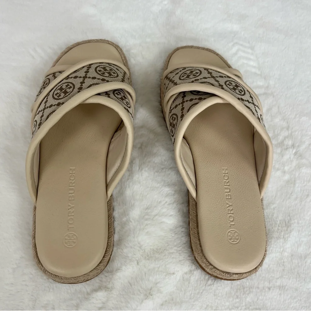 NWOT TORY BURCH T MONOGRAM CRISSCROSS ESPADRILLE SLIDES SIZE 8.5 - Picture 14 of 16